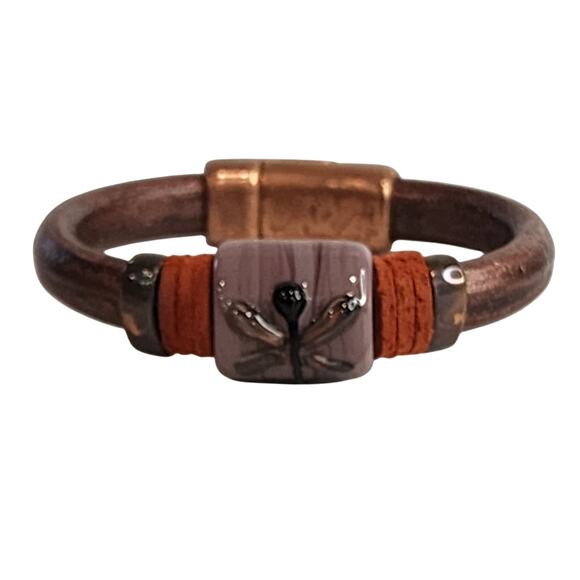 NEW Artisan Rose Gold Distressed Leather & Ceramic Dragonfly Bead Bangle - Picture 3 of 7